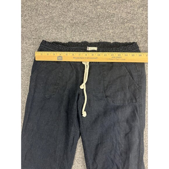 Roxy Oceanside Pants Womens Medium Navy Linen Blend Drawstring Beach Flare Leg - Picture 3 of 9